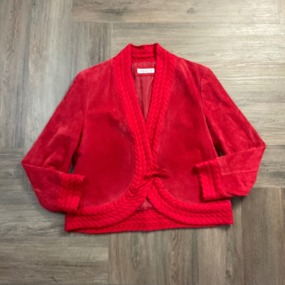 Coldwater Creek Leather Jacket Womens Large Red Cable Knit Shawl Collar Blazer